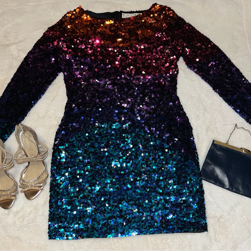 Oleg Cassini Vintage Vibrant Sequin Long Sleeve Dress